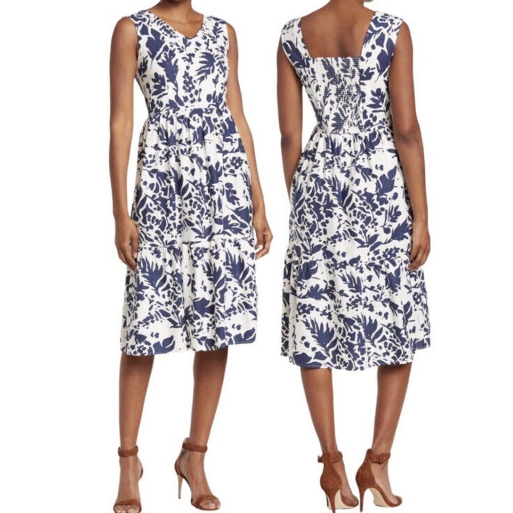 MAGASCHONI White Blue Floral Sleeveless Linen Midi Dress Size 8